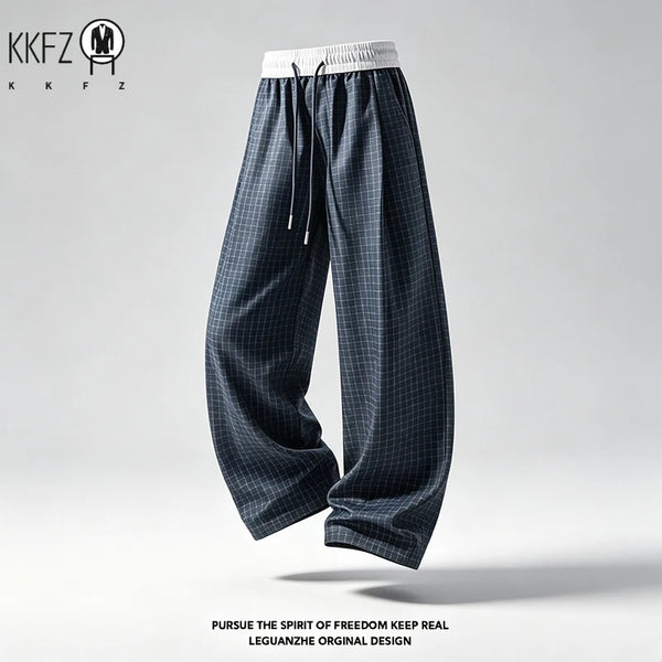 Men Plaid Pattern Loose Wide Leg Pants Elastic Waist Adjustable Drawstring Comfort Trousers For Male Daily Streetwear