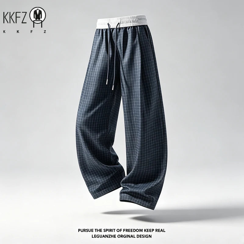 Men Plaid Pattern Loose Wide Leg Pants Elastic Waist Adjustable Drawstring Comfort Trousers For Male Daily Streetwear