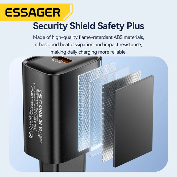 ឆ្នាំងសាក Essager 45W USB A QC3.0 PD សាកថ្មលឿនសម្រាប់ Samsung Galaxy S24 S23 Xiaomi 15 iPad Vivo ឆ្នាំងសាក USB A រហ័ស