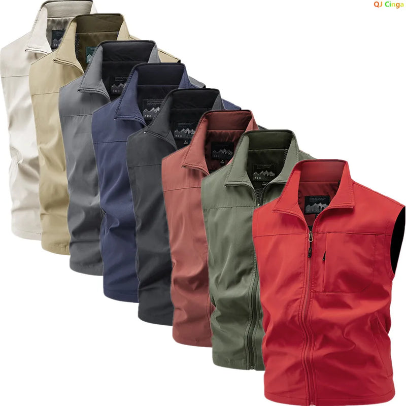 Men's Red Sleeveless Vest Jacket, Perfect for Summer Fishing or Casual Wear, Available in Blue, Black, Green, Beige, and Gray.