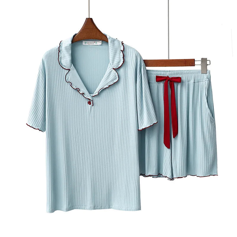New Women's Pajamas Pit Strip Modal Short-sleeved Lapel Cardigan Shorts Set Casual Home Clothes Korean Pyjamas Femme Sleepwear