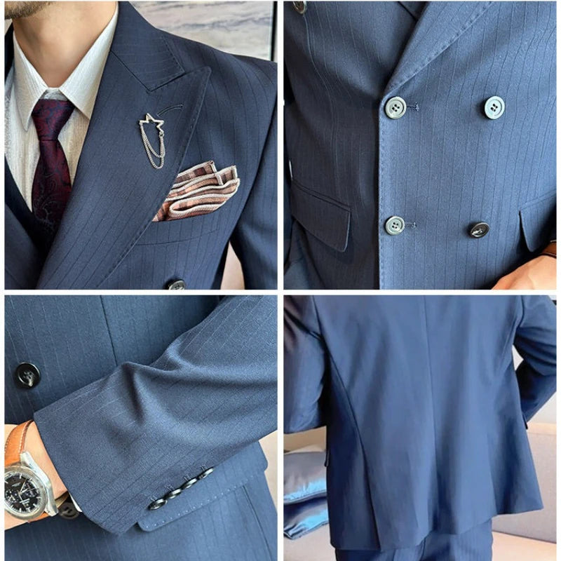 Men's Two-Piece Suit Set ( Jacket + Pants ), Dark Stripe Notched Lapel Double-Breasted, Wedding Business Formal Bridegroom