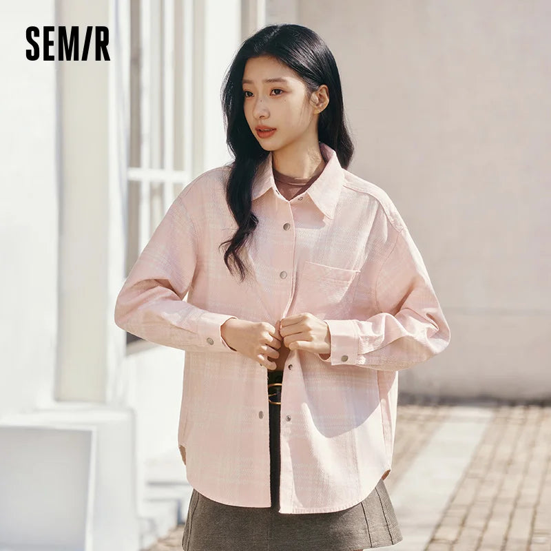 Semir Soft Shirt Women Spring 2026 Plaid Denim Loose Casual Comfortable Daily Wear Versatile Stylish Blouse