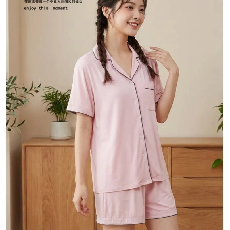 Modal Women's Pajamas Summer New Short-Sleeved Lapel Collar Tops Loungewear Comfortable 2 Pcs Sleepwear Pijama Homewear Set