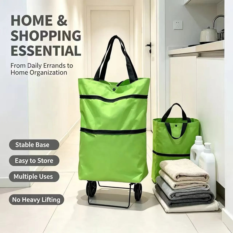 Portable Shopping Cart, Foldable Shoulder Bag with Wheels, Lightweight Hand-Pushed Cart for Home Use