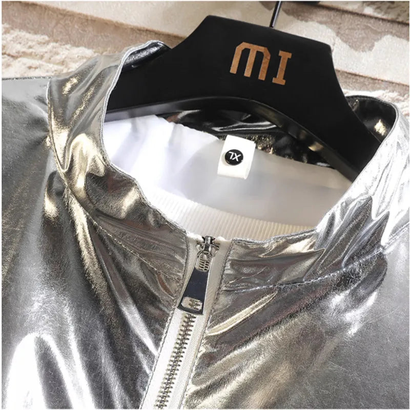 Gold Men's Stage Performance,Shiny Loose Long Sleeve Top With Long Pants,Silver Fashion Casual Suit