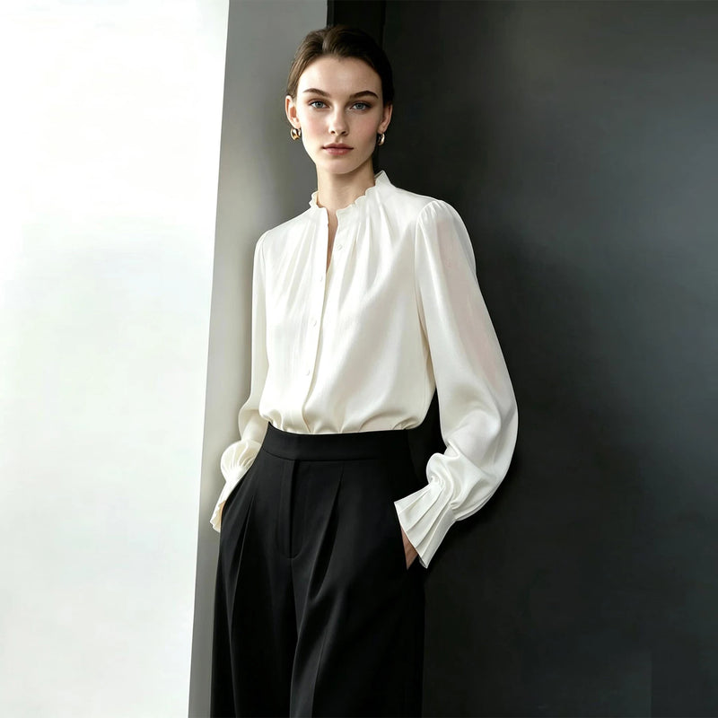 Amii Women's Stand Collar Satin Blouse Flared Sleeve Oversized Long Sleeve Minimalist Shirt Office Casual 2026 Autumn 12643115