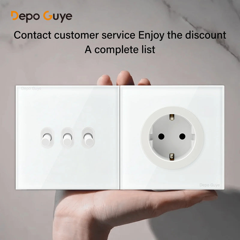 Wall Toggle Light Switch EU FR Standard White Glass Panel European Power Socket With Dual Type-c 20W Fast Charge Port Outlet