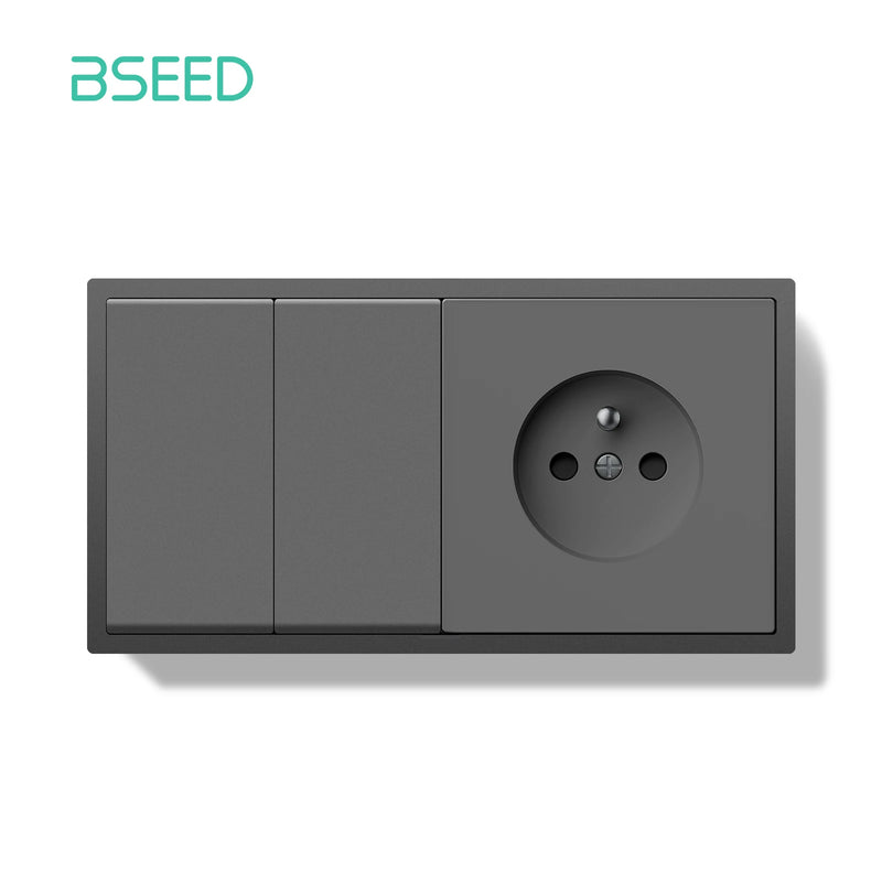 BSEED Mechanical Button Switch 1/2Gang 1Way With Wall French Socket Wall Light Switch Plastic Frame Switch On Off Black Color