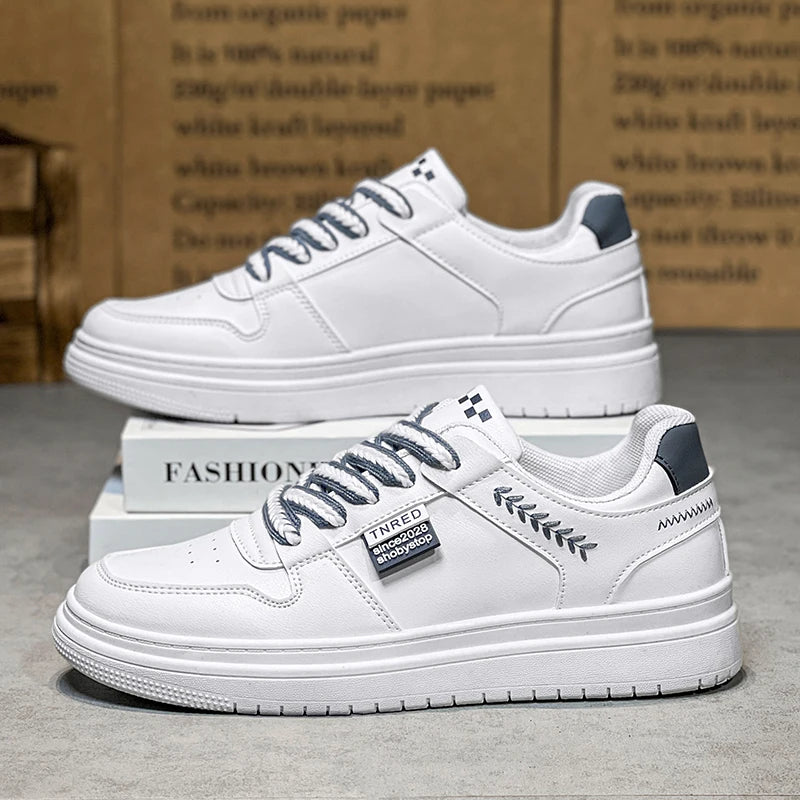 Men's white casual flat shoes four season breathable lightweight soft-sole outdoor walking shoes youth fashion sports board shoe