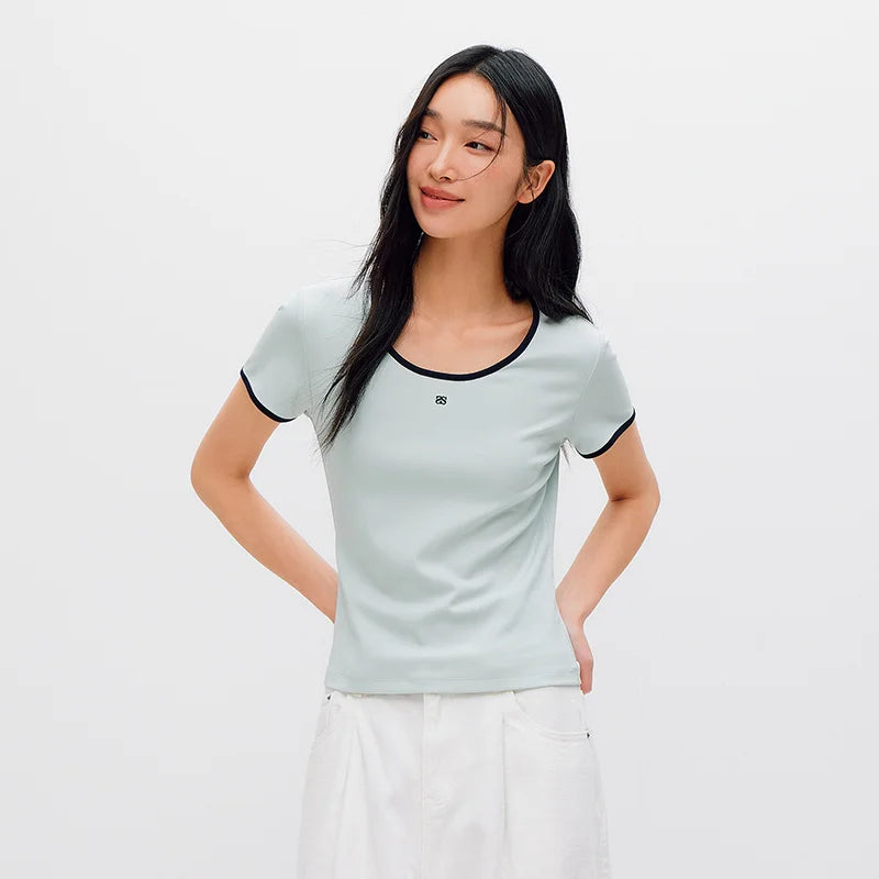 Semir Women Tshirt Cool Feeling Contrast U Neck Straight Shoulder Slim Embroidery Summer 2026 Casual Fashion Top