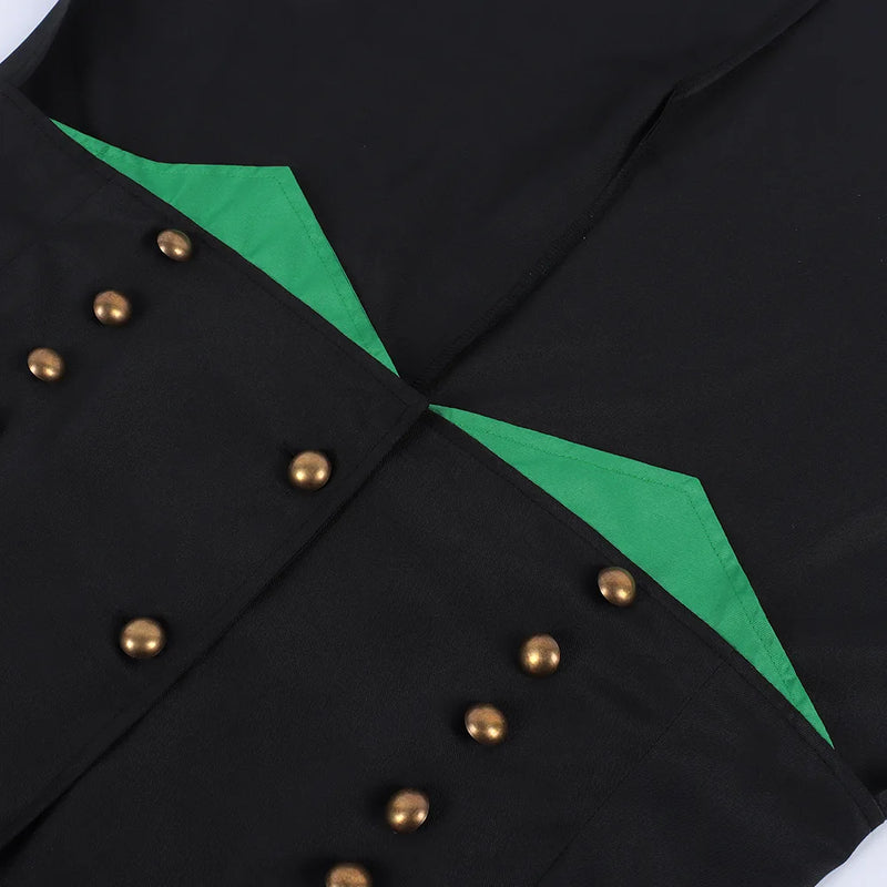 2026 New Arrival Men's Black Tuxedo, Triple-Breasted Green Patchwork Long Jacket, Vintage-Style Outerwear.