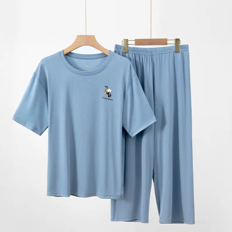 Pijama Mujer New Large Size Modal Short Sleeve Nine Point Pant Suit Casual Loose Nightwear Pajamas Women Sleeping Clothes
