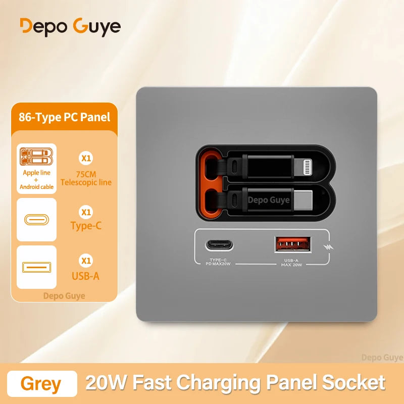 EU Universal 20W USB C Smart Wall Socket Panel Dual Type-C Fast Charge Ports Mobile Phone Charging Outlet
