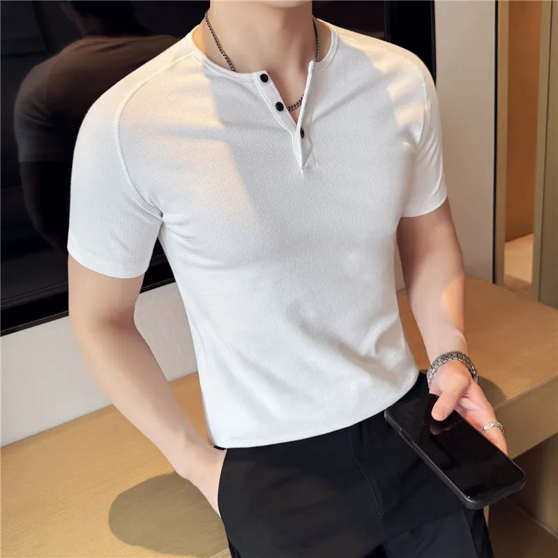 Men's Slim Fit Henley T-Shirt - Summer Short Sleeve Rib Knit Gym Workout Top | Stretchy Bodybuilding Muscle Tee for Fitness