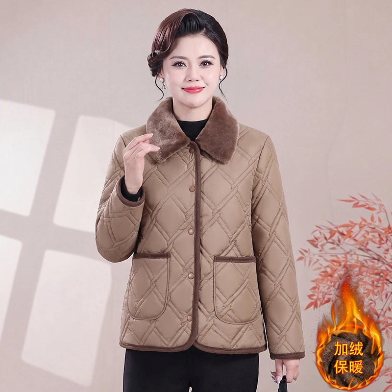 អាវផាការដូវរងាសម្រាប់ម្តាយវ័យកណ្តាលបន្ថែមអាវកប្បាសកប្បាសស្តើងសម្រាប់ស្ត្រីស្លៀកខ្លីក្រៅ