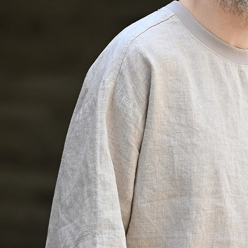Linen Blend Short Sleeve T-Shirt – Loose Fit Crewneck with Chest Pocket, Lightweight & Cooling for Summer