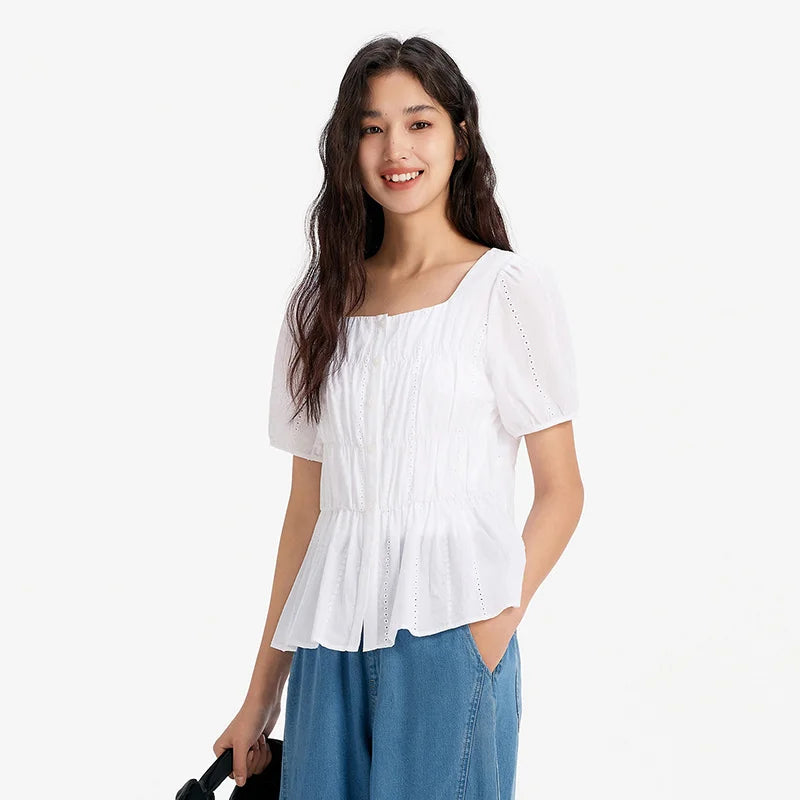 Semir Womens Shirt 2026 Short Sleeve Square Neck Puff Sleeve Cotton Slim Tops Elegant Style Soft Comfortable Daily Wear
