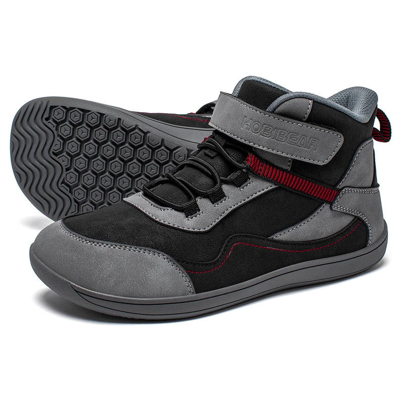 HOBIBEAR Kids Mid-Barefoot Shoes Big/Kid Wide Toe Box Zero Drop Artificial Leather Hook-Loop Outdoor Boots