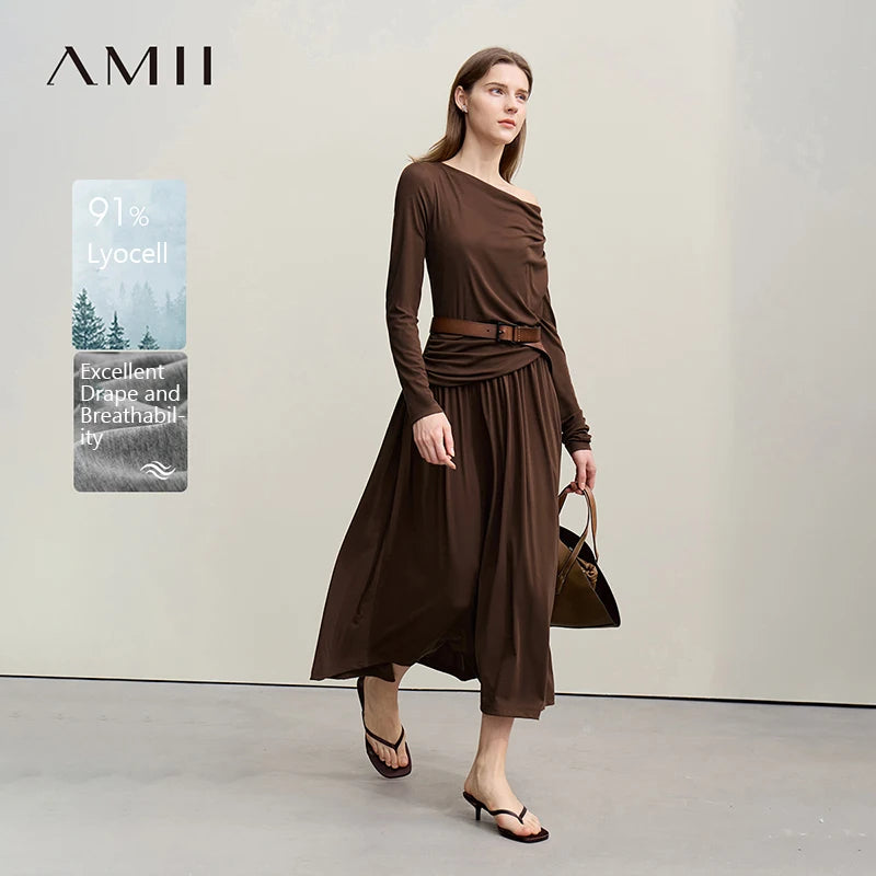 រ៉ូបនារី Amii រដូវស្លឹកឈើជ្រុះឆ្នាំ ២០២៦ រ៉ូបកអាវមិនស្មើគ្នា សាមញ្ញ ឆើតឆាយ ចង្កេះស្ដើង សំពត់រាងអក្សរ A សម្រាប់នារី 12641101