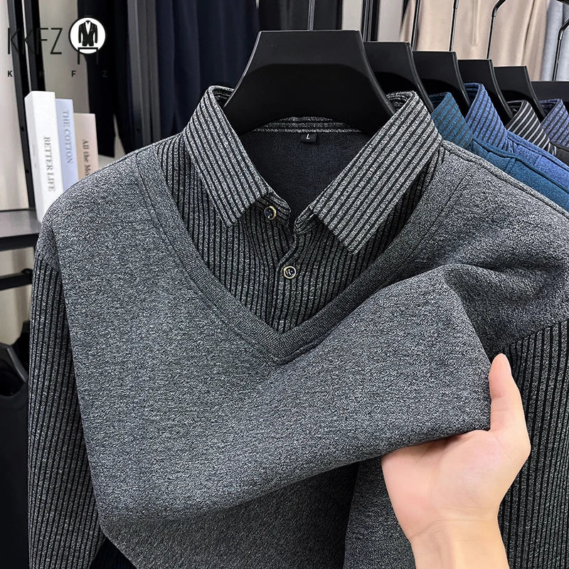 Thermal Warm Knit Sweater For Men Collared Fake Vest Elastic Cuff Full Fleece Lined Vertical Stripe Autumn Office Clothing