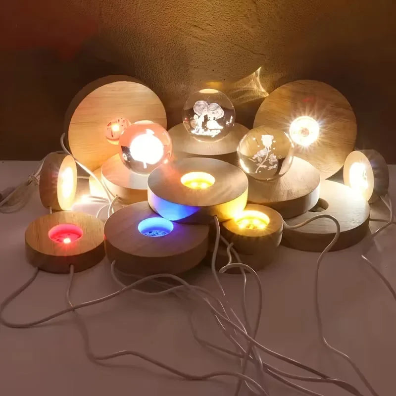 6cm/8cm Round Panel Decorative Light LED Ambient Lighting USB-Powered Wooden Base Night Light Handmade DIY Decorative Lamp