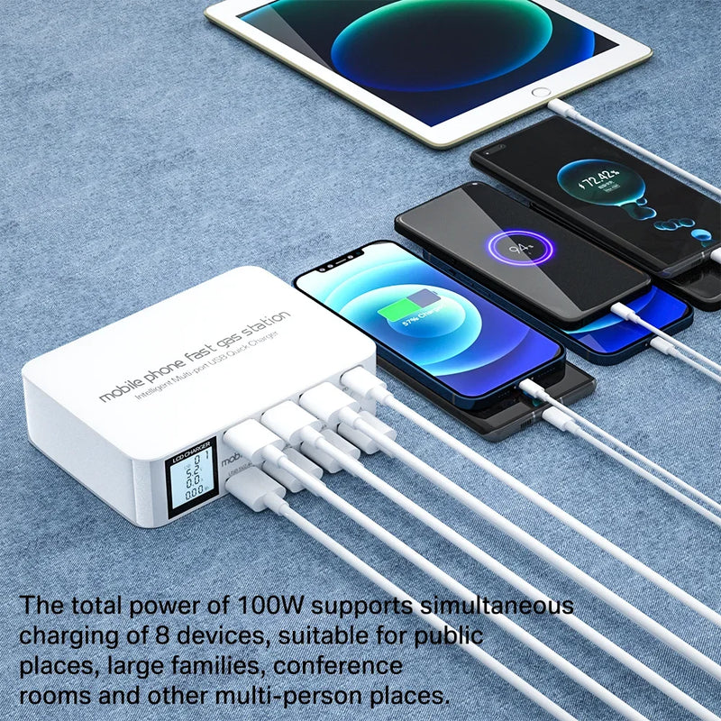 ឆ្នាំងសាក USB C 8 រន្ធ សាកលឿន QC3.0 PD3.0 ពហុ USB LCD អេក្រង់ឌីជីថល ស្ថានីយ៍សាកថ្មសម្រាប់ iPhone 17 16 Android