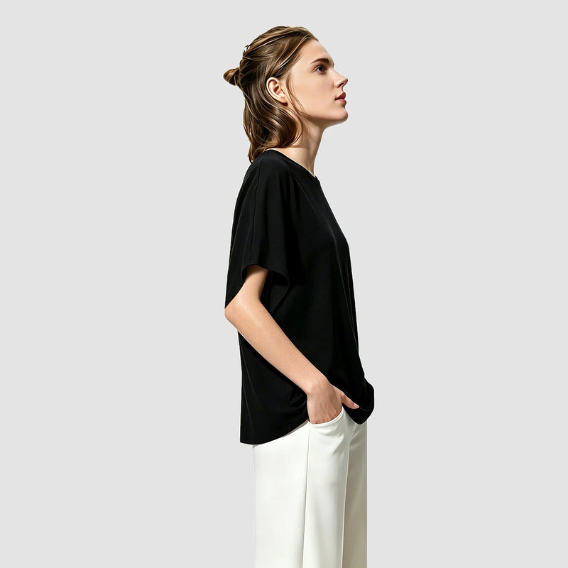 Amii Women's Blouse 2026 Summer New O-Neck Tie Detail ChiffonTop Asymmetric Dolman Sleeve Simple Office Loose Blouse 12642054