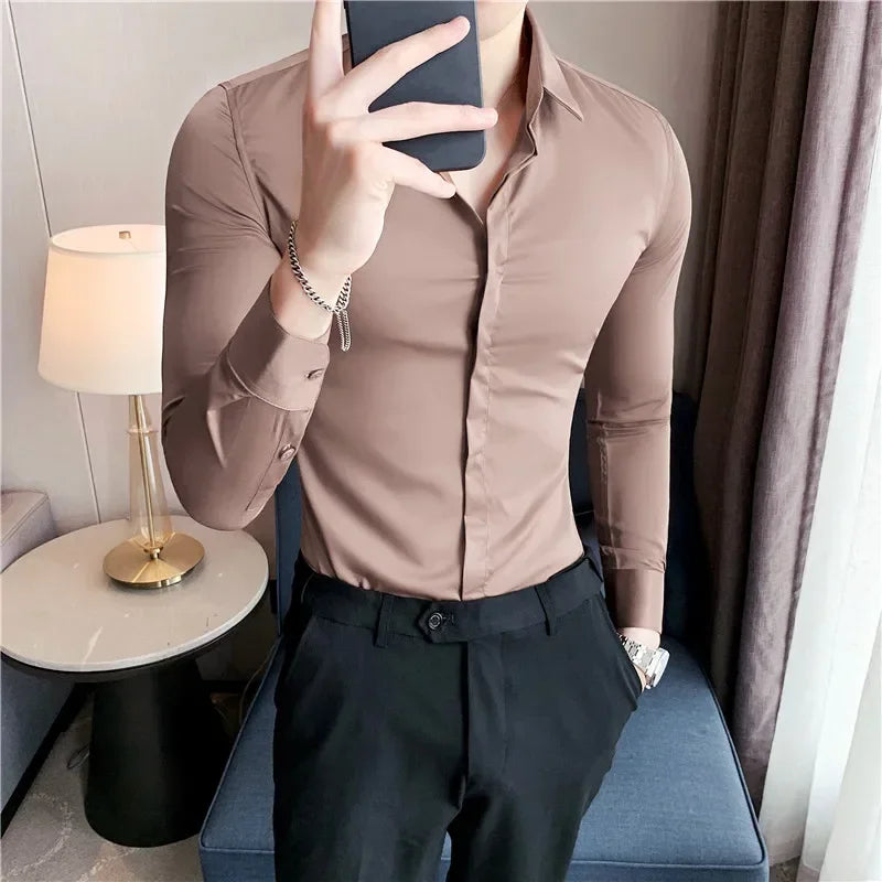 New Men's Shirt Luxury Repair Ball Gown Slim Solid Color Long Sleeve Shirt Streetwear