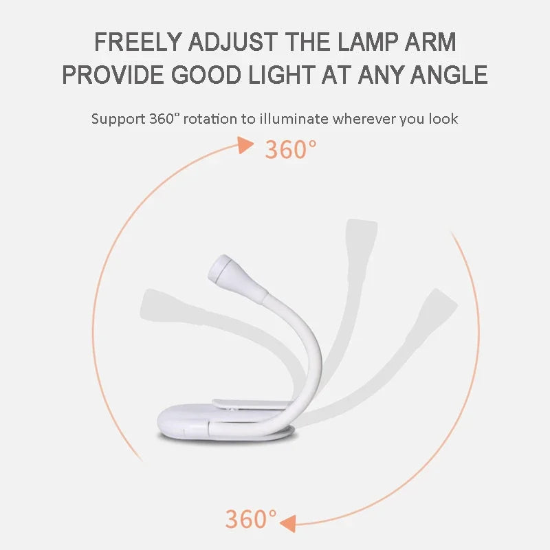 1PCS Portable LED Book Lights USB Rechargeable Eye Protection Night Light Mini 360°Clip-On Desk Reading Lamp Travel Bedroom