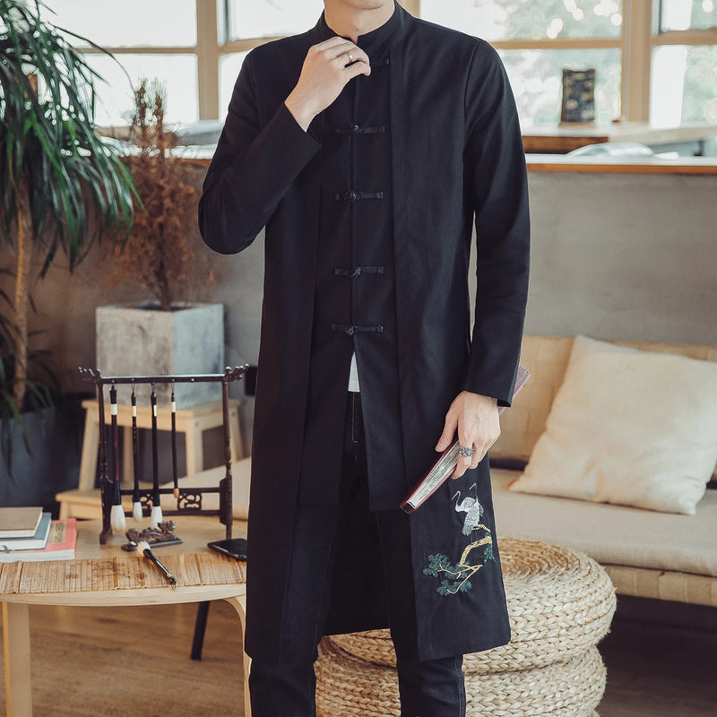 Chinese-style Men Black Trench Coat,Single-breasted Stand-up Collar Embroidered Long Jacket,Vintage-inspired Male Statement Top.