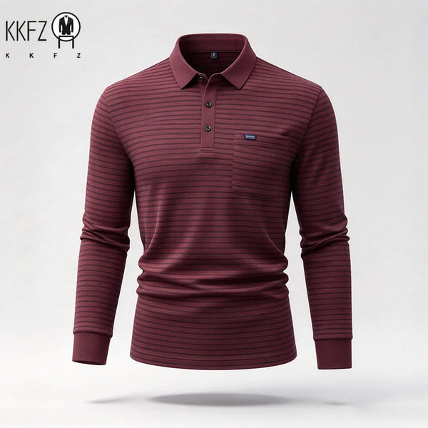 Mens Lapel Collar Long Sleeve Striped Polo Shirt With Chest Pocket Soft Handfeel Top For Business Wear In Autumn