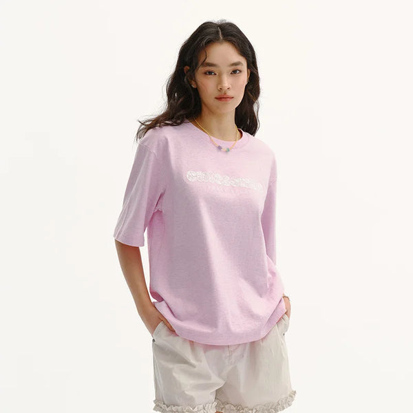 Cotton Lace Letter Embroidery Short Sleeve Summer 2026 Loose Fit Trendy Everyday Style Casual Top