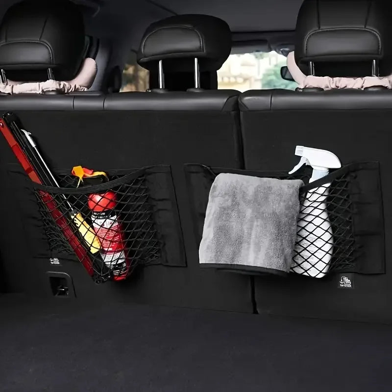 1 black mesh car trunk storage box-with hook and loop strap, easy to install and disassemble, double-layer elastic mesh bag stor