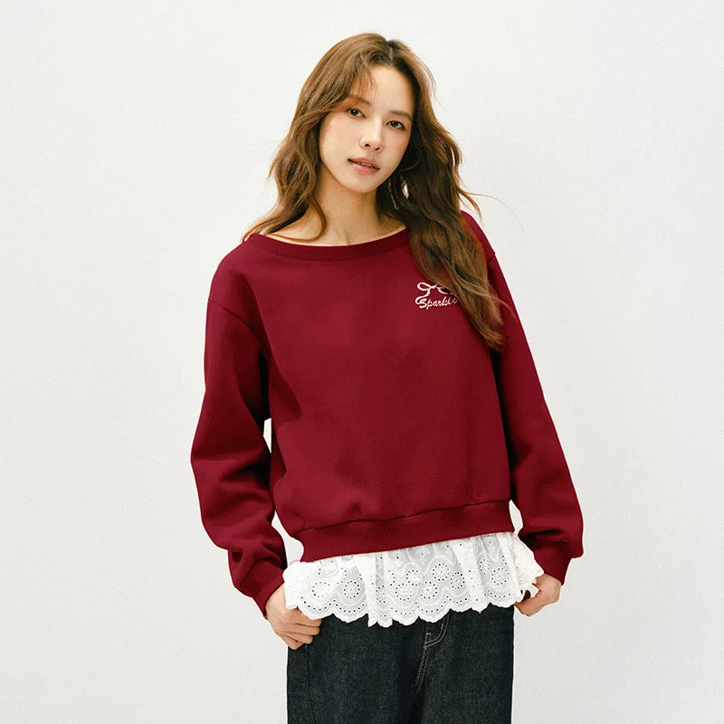 Semir Women Hoodie 2026 New Red One Shoulder Fake Two Piece Sexy Smart Casual Style Spring Holiday Tops