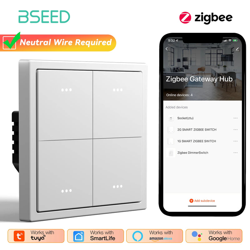 BSEED Zigbee Click Light Switch 1/2/3/4Gang Smart Button Switch Plastic Frame Tuya Smart Life Alexa Control Need Neutral Line