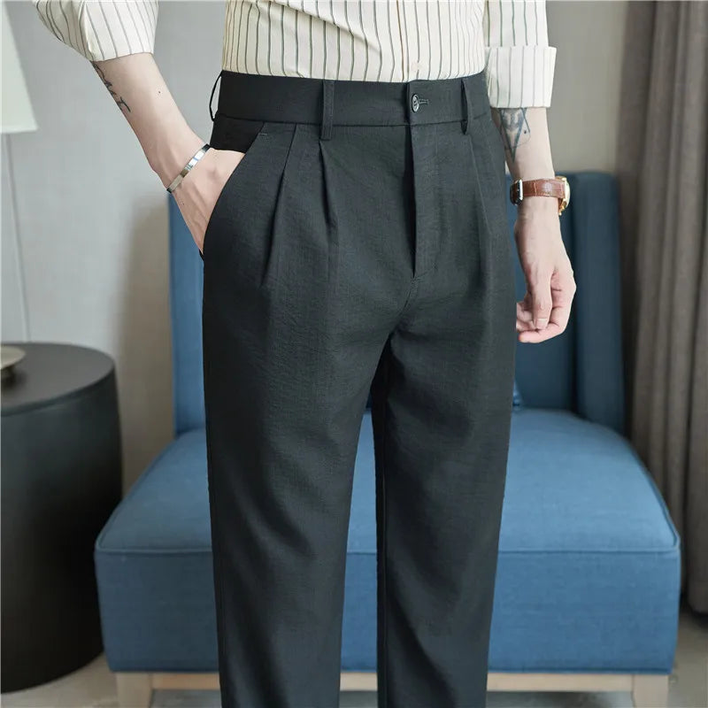 Men's Old Money Style Linen-Cotton Pleated Dress Pants – Lightweight, Semi-Elastic Waist & Wrinkle-Free for Summer