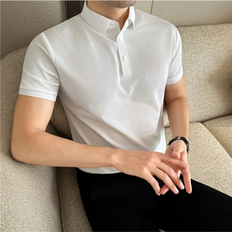 Men Summer Short Sleeve Striped Polo Shirt Slim Fit Elastic Solid Color Business Casual T-Shirt