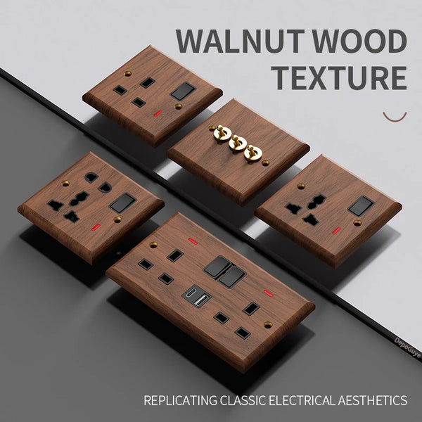 Black Walnut Wood Toggle Light Switch,Home Retro Brass Panel UK Universal USB type-c Wall Electrical Socket Vintage Switch