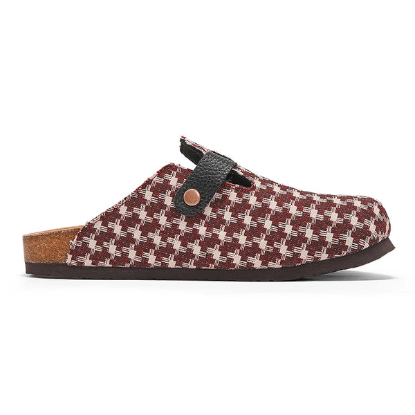 Mens Houndstooth Plaid Print Cork Footbed Clogs, Adjustable Buckle Closed-Toe Mules, Comfort Slip-On Shoes for Indoor & Outdoor