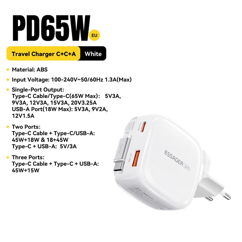 ឆ្នាំងសាក Essager 65W GaN Pro ជាមួយខ្សែប្រភេទ C ដែលអាចដកថយបាន 3 ក្នុង 1 ឆ្នាំងសាកធ្វើដំណើរលឿនសម្រាប់ iPhone 17 16 Pro Samsung Laptop Macbook