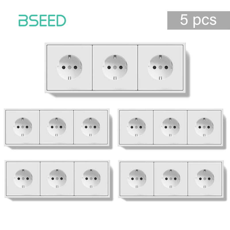 BSEED EU Standard 1/3/5 Pack Triple Wall Electrical Sockets Power Outlets Value Pack White Black Plastic Frame 16A