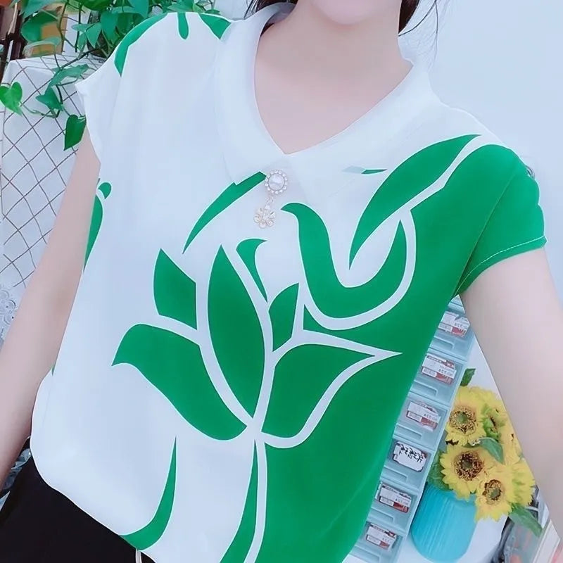 អាវយឺតដៃខ្លីសម្រាប់នារីរដូវក្តៅ បោះពុម្ពផ្កា 3D សម្លៀកបំពាក់នារី អាវយឺតទាន់សម័យ អាវក្រៅរលុង សាមញ្ញ