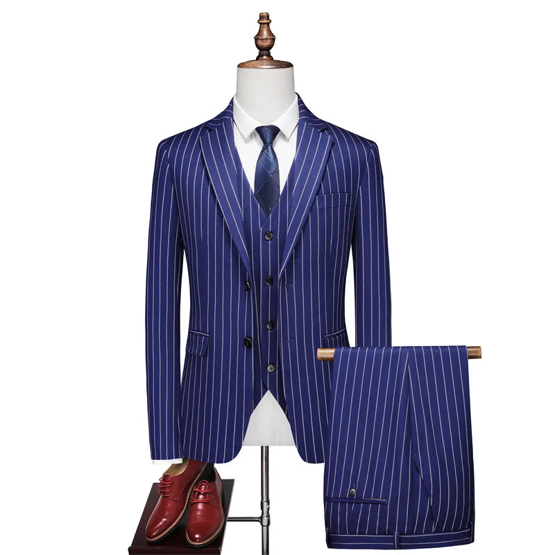 Men's Black-White Striped Plaid Suit 3-Piece, Wedding Party Dress Jacket and Vest with Trousers, Asian Sizes Red Slim Fit Sets.