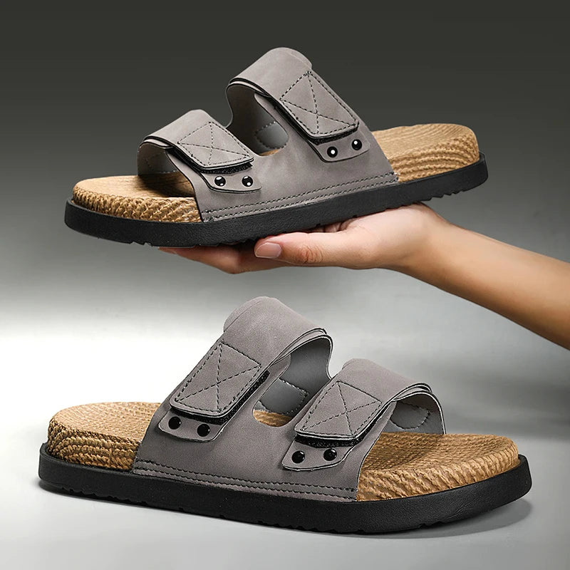 Summer Mens Adjustable Slippers Men Leather Slides Thick Soles Bottom Platform Slippers Sandals Soft Comfortable
