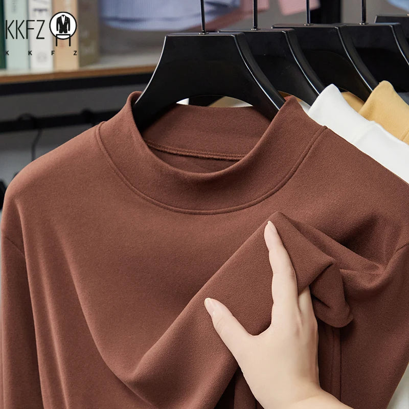 Mens Slim Mock Neck Base Shirts Light Warm Brushed Fabric Stretch Long Sleeve Tops For Daily Casual And Outer Matching