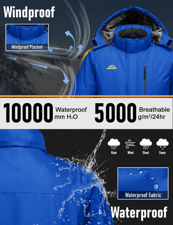 TACVASEN Mens Ski Jacket Waterproof Fleece Parka Coat Detached Hood Windproof Placket Outdoor Coat Winter Warm 5 Pocket RainCoat