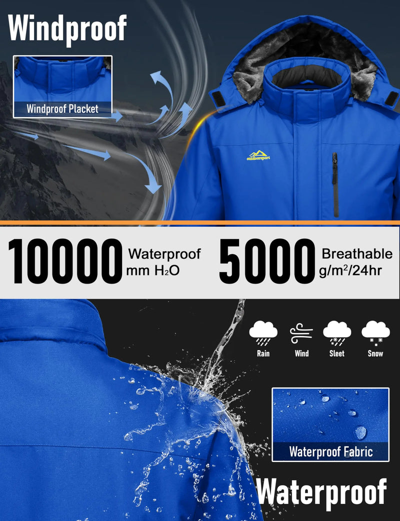 TACVASEN Mens Ski Jacket Waterproof Fleece Parka Coat Detached Hood Windproof Placket Outdoor Coat Winter Warm 5 Pocket RainCoat