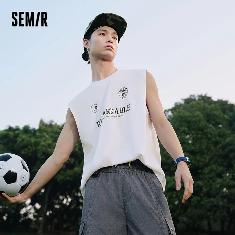 Semir Mens Vest 2026 American Sports Sleeveless Knitted Pure Cotton Simple Printed Commute