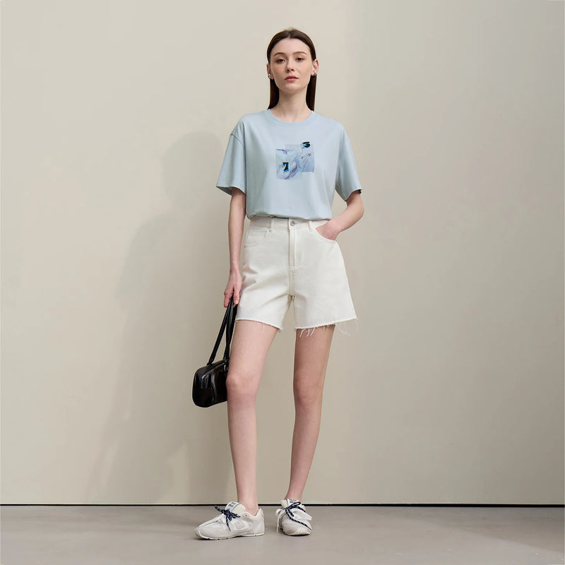 Amii Women's Tee Shirt 2026 Summer New Round Neck Drop Shoulder Short Sleeve Cotton Tee Embroidered Loose Top Women 12642114